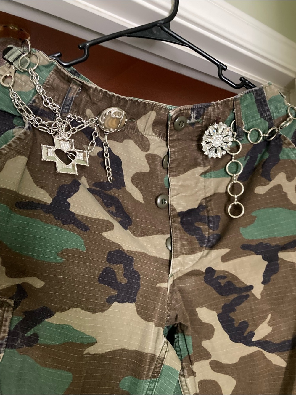 Straight Leg Camo Utility Pants - Green/Brown. Silver Chain and Bling Added